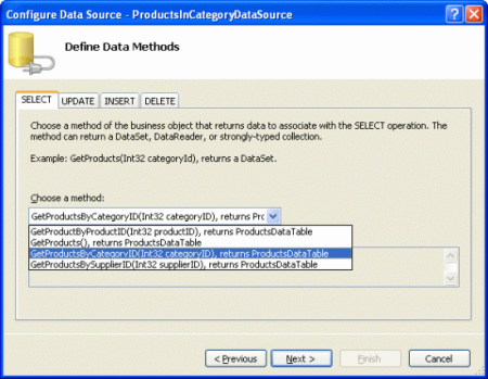 Hacer que el ObjectDataSource invoque el método GetProductsByCategoryID(categoryID)