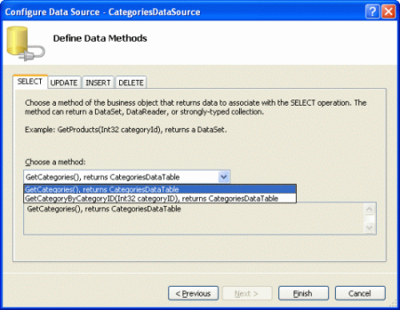 Hacer que el ObjectDataSource invoque el método GetCategories() de la clase CategoriesBLL