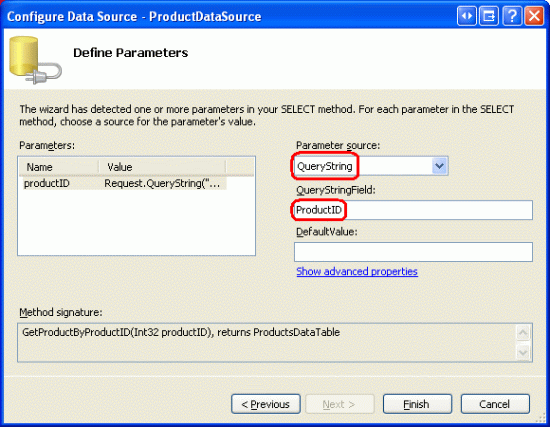 Configure el parámetro productID para extraer su valor del campo de cadena de consulta ProductID