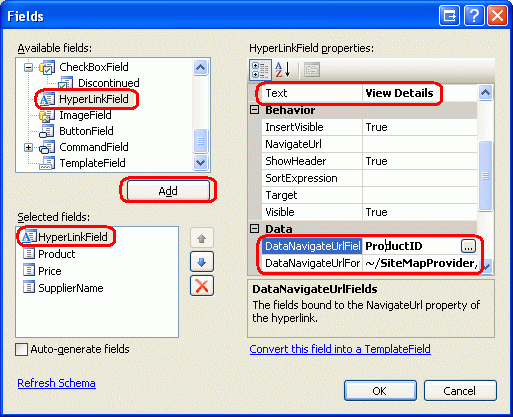 Agregue un HyperLinkField de detalles de vista que apunta a ProductDetails.aspx