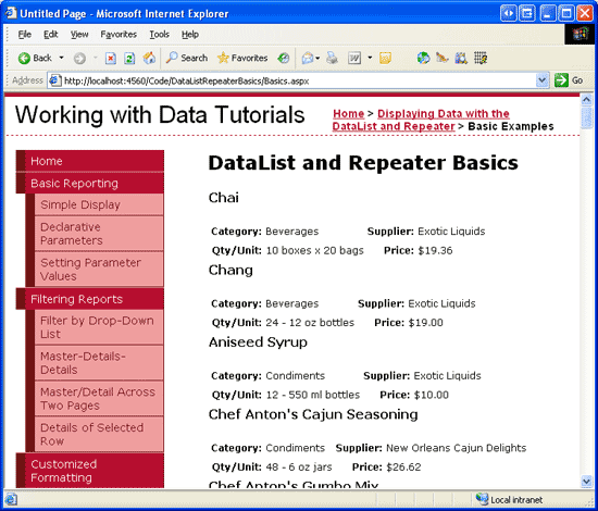 Cada salida del producto se representa mediante ItemTemplate de DataList