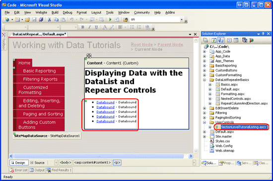 Agregar el control de usuario SectionLevelTutorialListing.ascx a Default.aspx