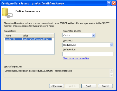 Establecimiento del parámetro productID en la propiedad SelectedValue de GridView