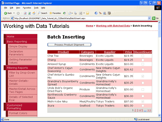 The GridView Lists the Products and Offers Sorting and Paging Capabilities