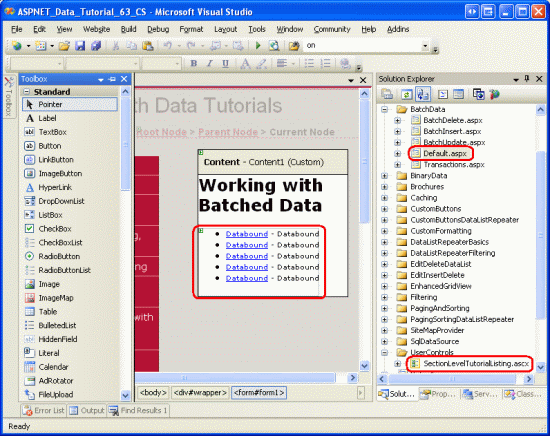 Adición del control de usuario SectionLevelTutorialListing.ascx a Default.aspx