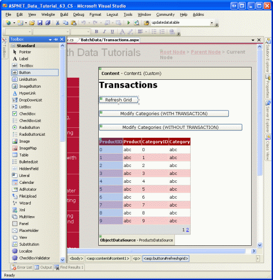 La página contiene un control Web GridView y tres botones