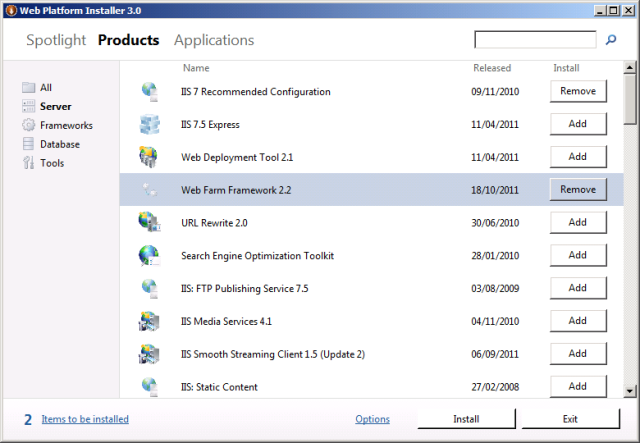 En la fila Web Farm Framework 2, haga clic en Agregar.