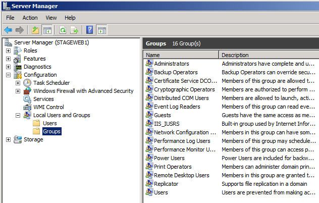 En la ventana Administrador del servidor, en el panel de vista de árbol, expanda Configuración, expanda Usuarios y grupos locales y, a continuación, haga clic en Grupos.