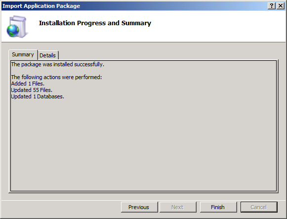 When I I S has finished installing the package, click Finish.