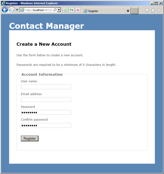 Add a user name, email address, and password, and verify that you're able to register an account successfully.