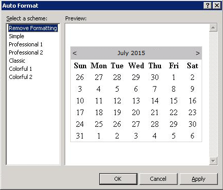 Cuadro de diálogo Formato automático (control Calendario)