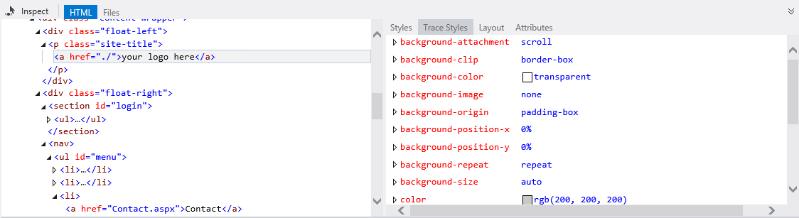 Seguimiento de estilos CSS del elemento seleccionado