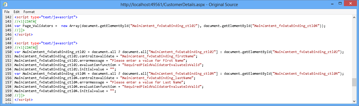 Validación de código JavaScript en la página CustomerDetails