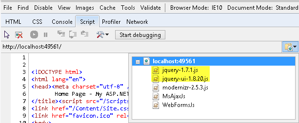 Carga de los archivos JavaScript de jQuery directamente desde el servidor IIS local