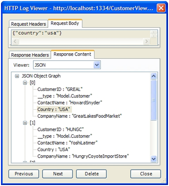 Using the HTTP Log Viewer to view request and response message data.