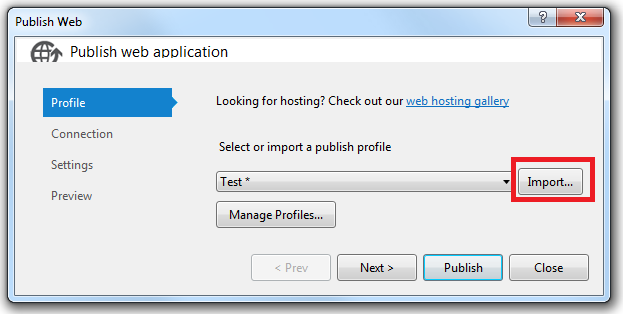 Publish Web wizard Import button