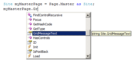 IntelliSense muestra las propiedades y métodos públicos de la página maestra