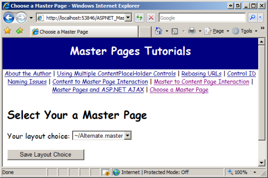 Las páginas de contenido ahora se muestran mediante la página maestra Alternate.master