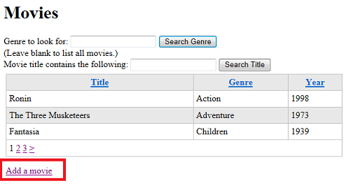 Movies page with link to 'Add Movies' page