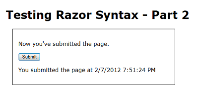 Captura de pantalla de la página Probar Razor 2 que se ejecuta en el explorador web con un mensaje de marca de tiempo que se muestra después del envío de la página.