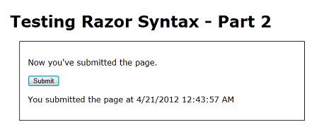 Captura de pantalla de la página Probar Razor 2 en un explorador web después del envío de página con una cadena de consulta en el cuadro U R L.