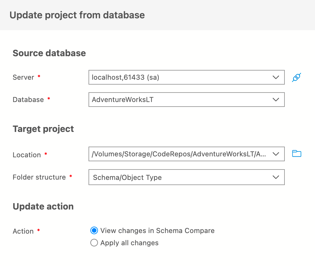 Captura de pantalla del cuadro de diálogo Actualizar proyecto a partir de base de datos.