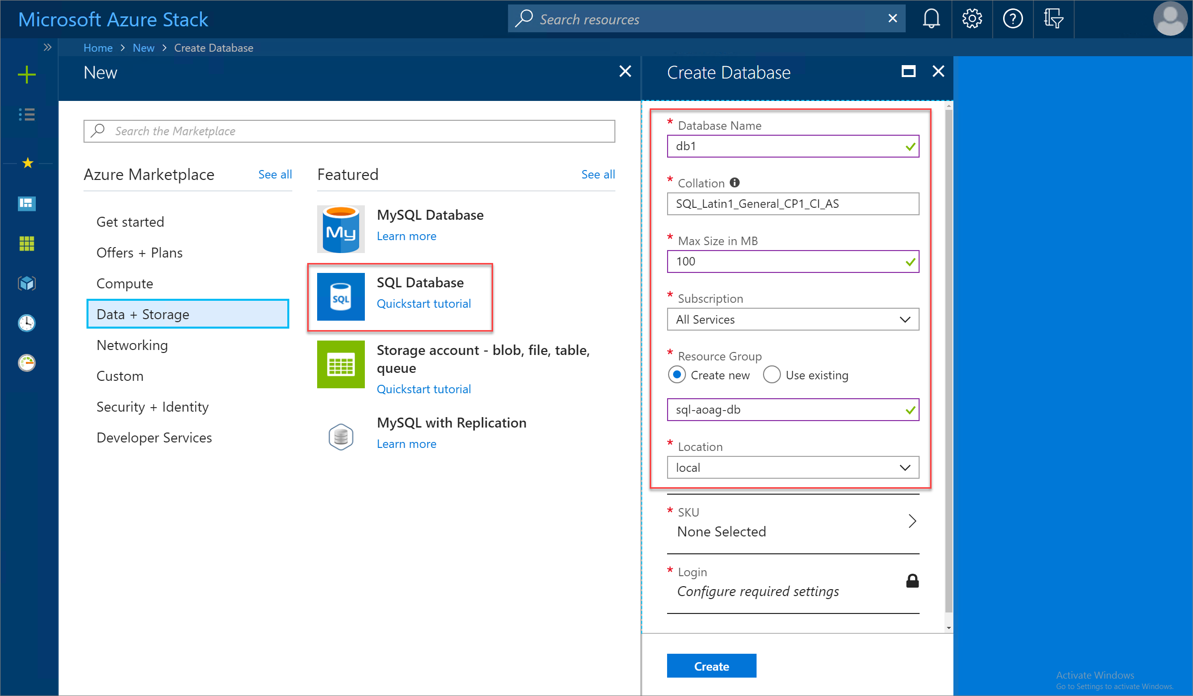 Creación de una base de datos en el portal de usuarios de Azure Stack Hub