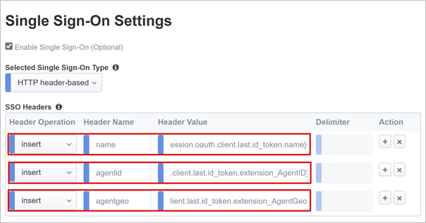 Captura de pantalla de la configuración del inicio de sesión único, incluidos el tipo y el encabezado.