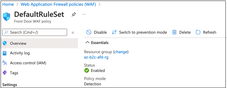 Captura de pantalla de opciones y selecciones para DefaultRuleSet en directivas de Web Application Firewall.