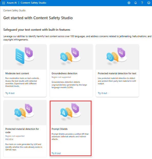 Captura de pantalla de Content Safety Studio con el panel Prompt Shields seleccionado.