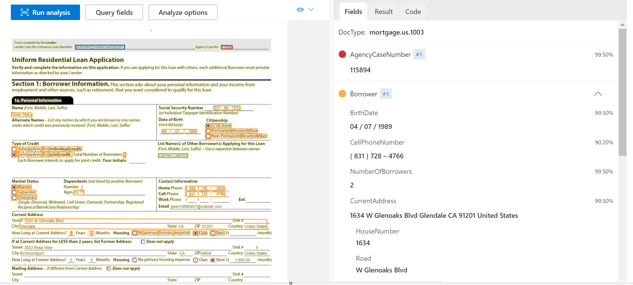 Captura de pantalla del análisis de modelos de documentos de US Mortgage 1003 mediante Document Intelligence Studio.