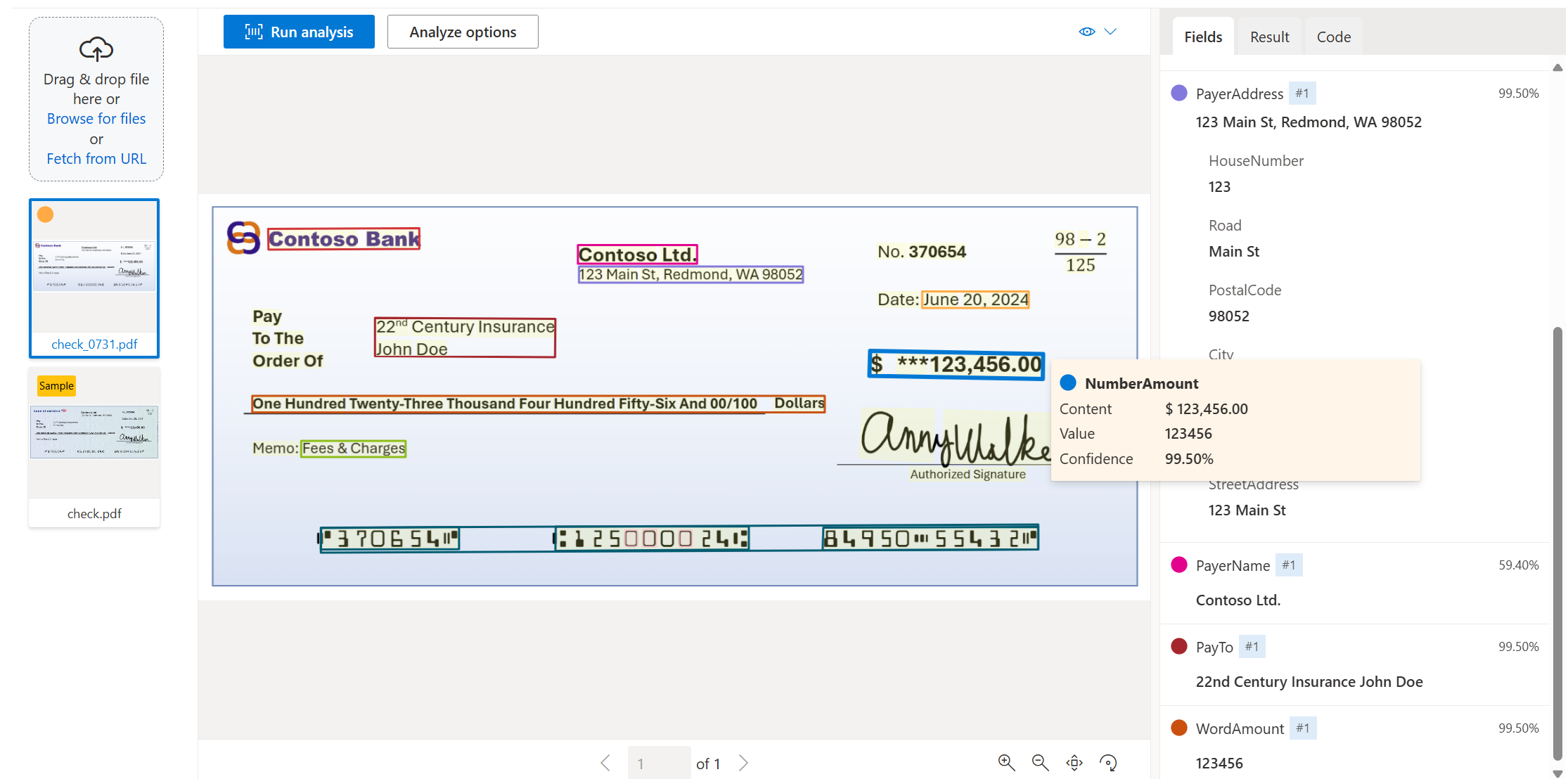 Recorte de pantalla de la comprobación del análisis del modelo con Document Intelligence Studio.