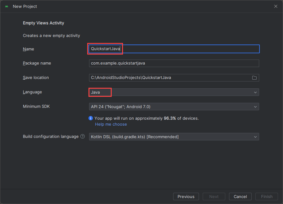 Recorte de pantalla de la ventana Configurar proyecto en Android Studio.