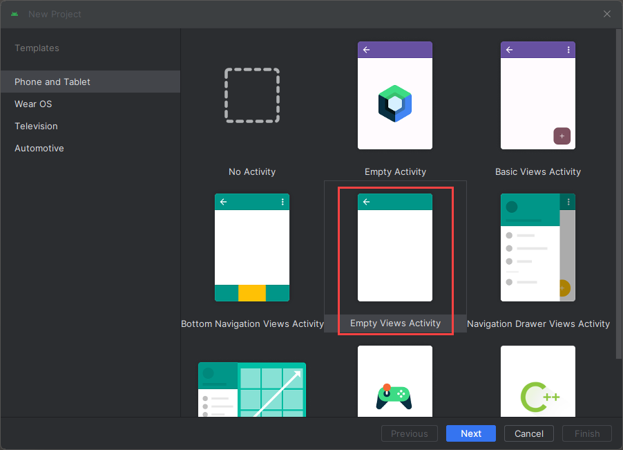 Recorte de pantalla de la ventana Plantillas en Android Studio.