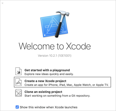 Recorte de pantalla de Crear un nuevo proyecto de Xcode.