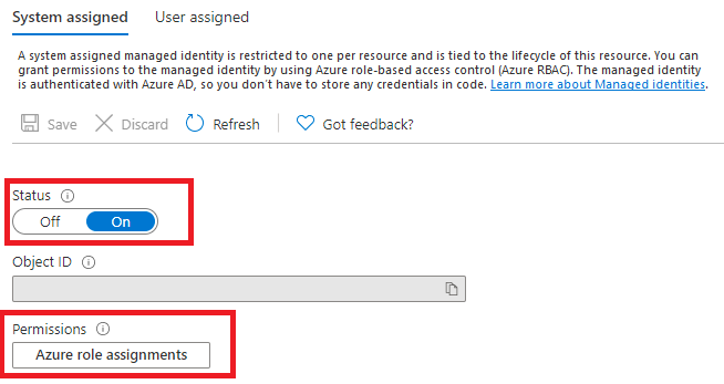 Captura de pantalla que muestra la habilitación de la identidad administrada asignada por el sistema en Azure Portal.