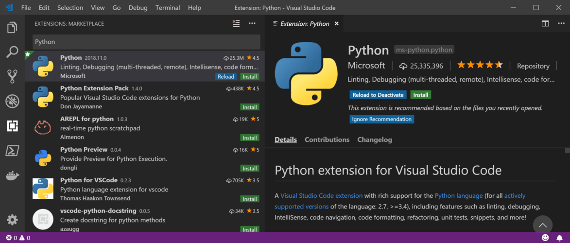 Captura de pantalla que muestra las selecciones para instalar la extensión de Python.