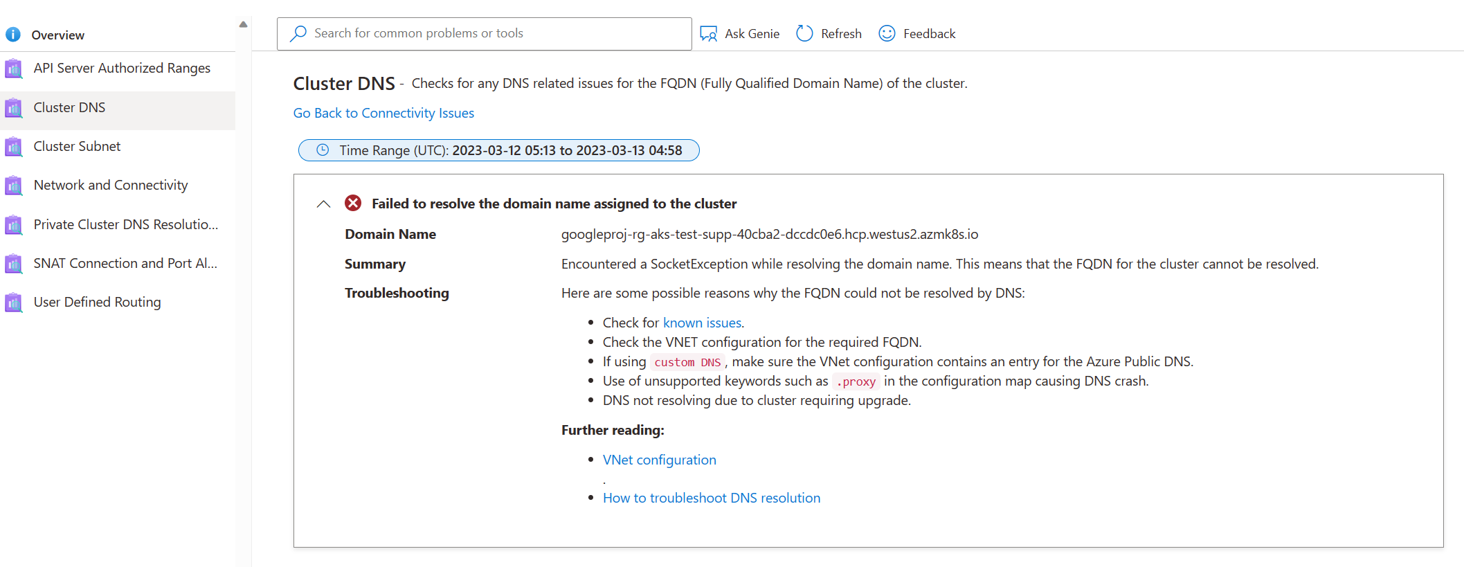 Captura de pantalla Resultados - Redes - DNS del clúster de Diagnosticar y solucionar problemas de AKS.