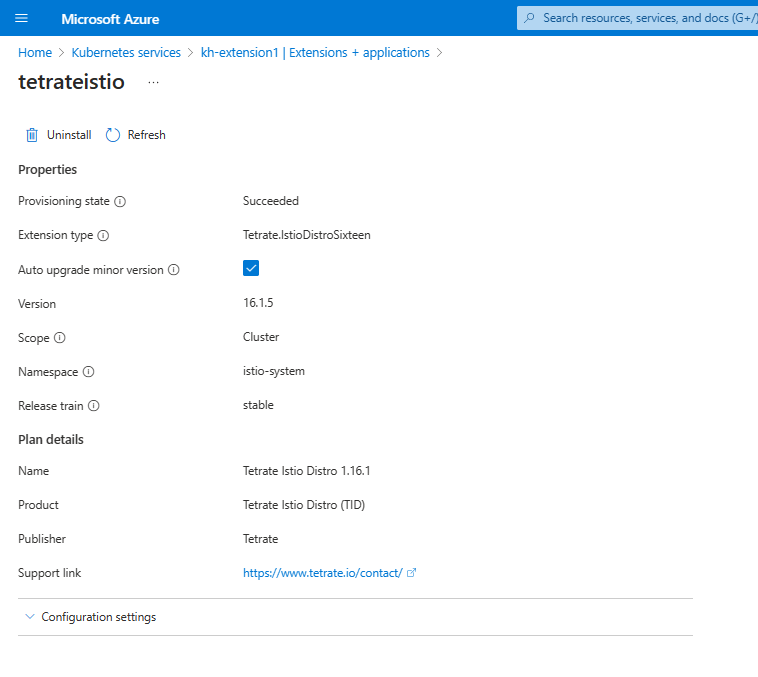 La página de Azure Portal para las propiedades de extensión.