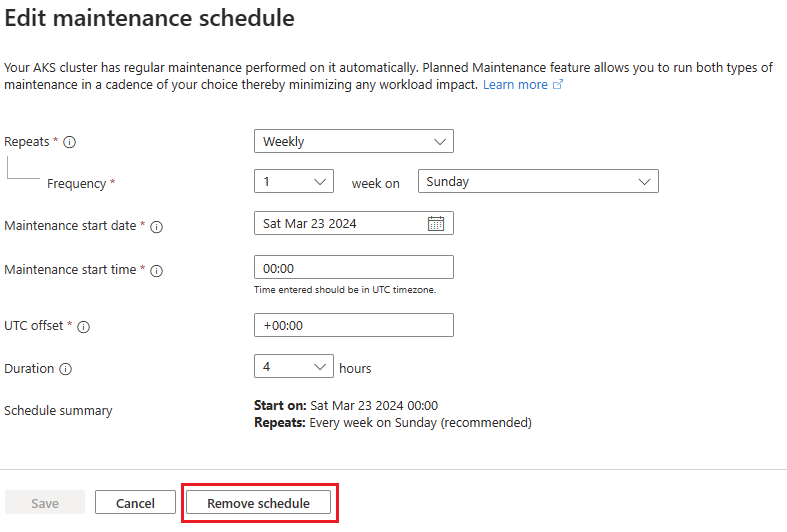 Captura de pantalla que muestra el panel para editar una ventana de mantenimiento con el botón para quitar una programación en Azure Portal.