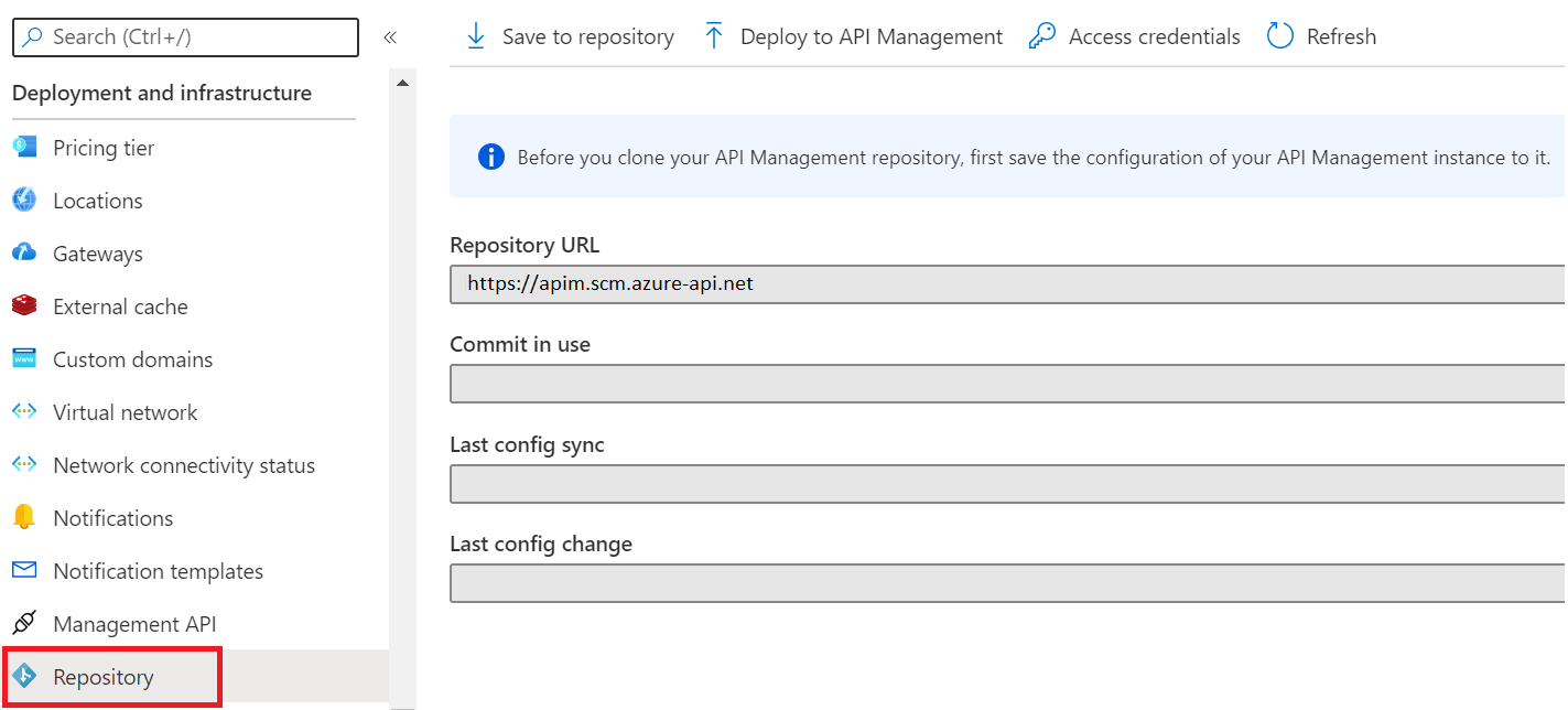 Captura de pantalla que muestra cómo acceder a la configuración de Git para API Management.