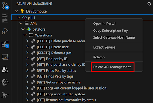 Captura de pantalla de la eliminación de la instancia de API Management de Visual Studio Code