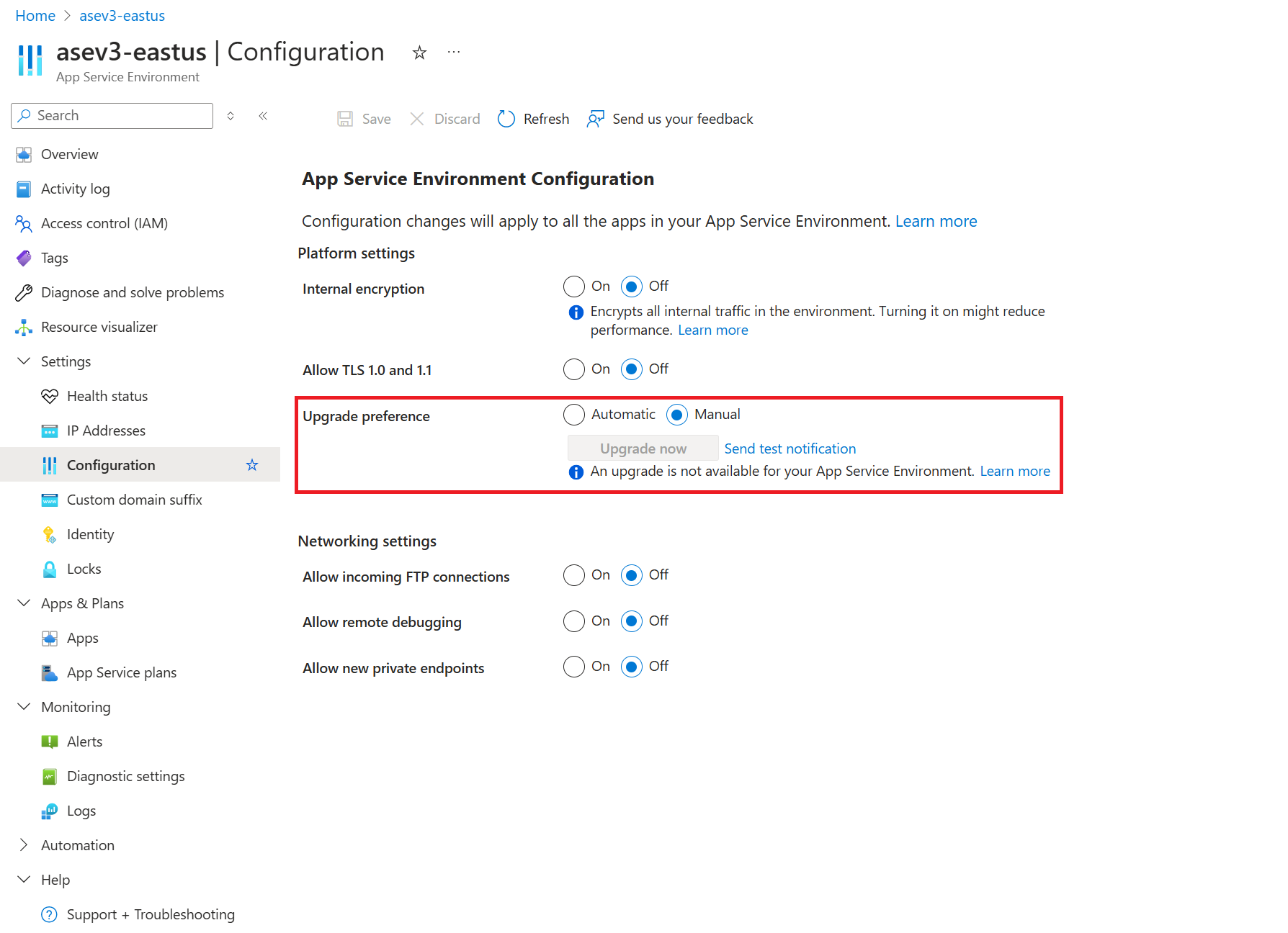 Captura de pantalla que muestra la configuración de preferencias de actualización de App Service Environment.