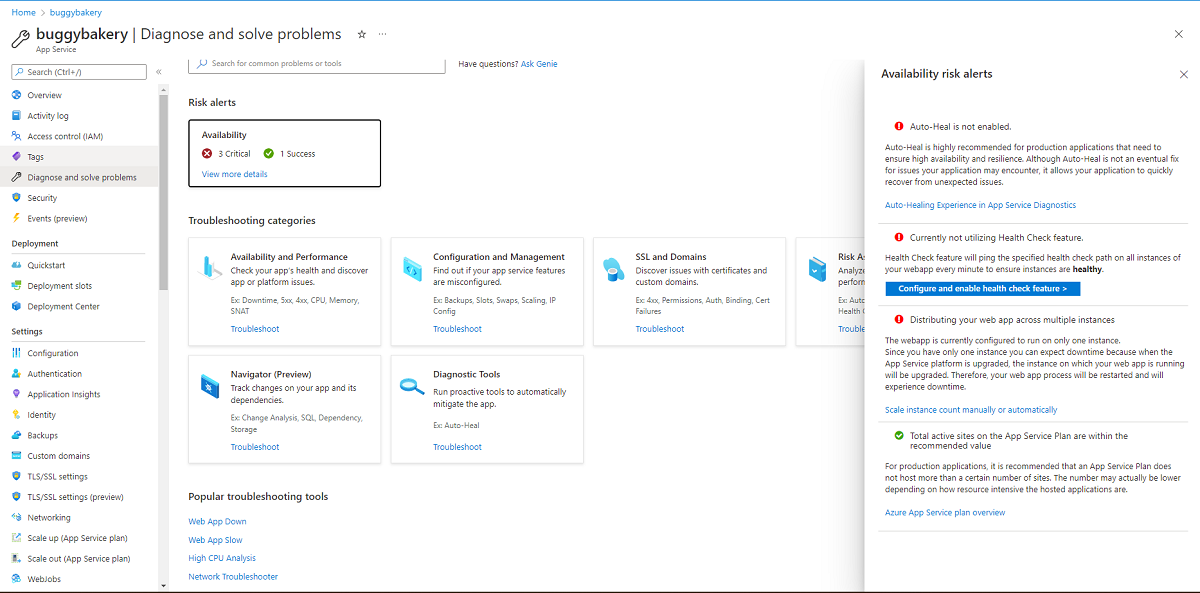 Panel derecho de alertas de riesgo de diagnóstico y solución de problemas de App Service con información detallada práctica adaptada a la aplicación de Azure Resource actual, después de hacer clic en el hipervínculo Ver más información de la página principal.