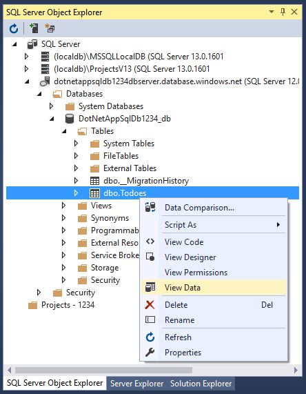 Exploración de objetos de SQL Database