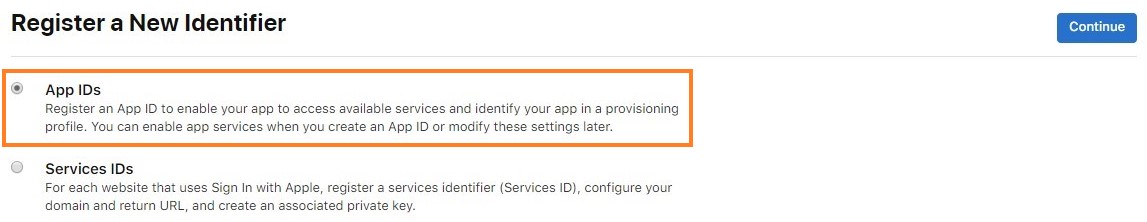 Registro de un nuevo identificador de aplicación en el portal de Apple Developer