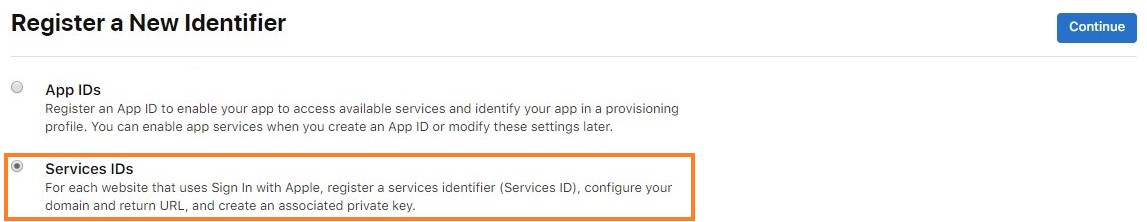 Registro de un nuevo identificador de servicio en el portal de Apple Developer