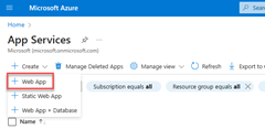 Una captura de pantalla que muestra la ubicación del botón Crear en la página de App Services en Azure Portal.