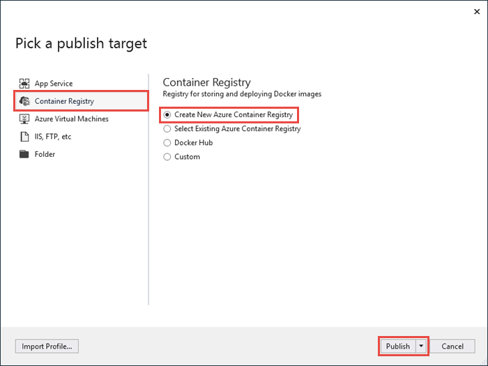 Recorte de pantalla del asistente para publicación. Container Registry, Crear una instancia de Azure Container Registry y el botón Publicar están seleccionados.