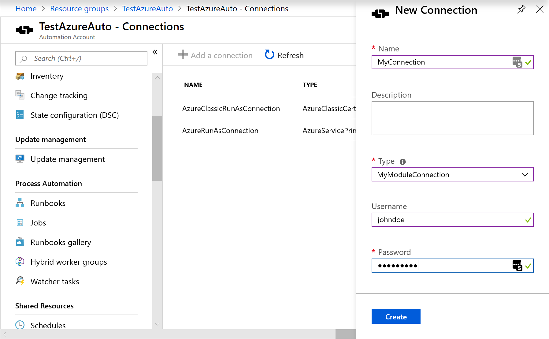 Uso de una conexión personalizada en Azure Portal